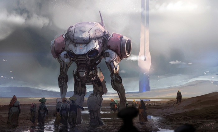 Giant robot and people on a barren landscape
