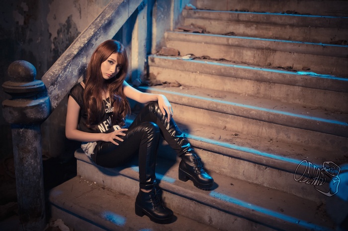 ladders, long hair, Asian, black clothing, women, sitting