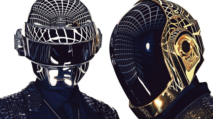 Daft Punk robots wearing helmets and sequined jackets