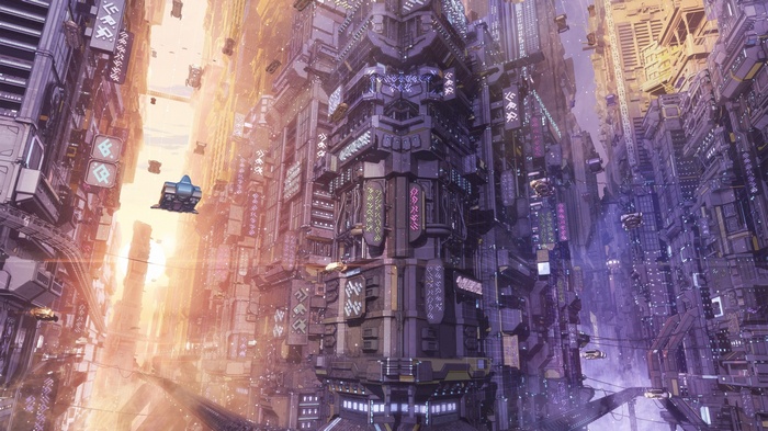 Futuristic Cityscape with Flying Vehicles and Neon Signs