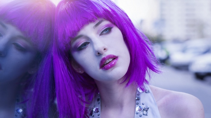 purple hair, women outdoors, bare shoulders, women, makeup, model, open mouth, pale, portrait, long hair, reflection, bangs, dyed hair, looking away, street, pink hair, face