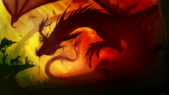 A large red dragon looms over small figures