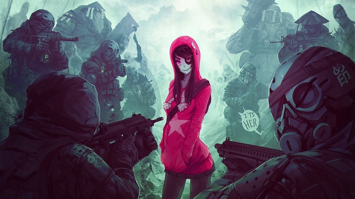 Anime girl surrounded by soldiers with guns