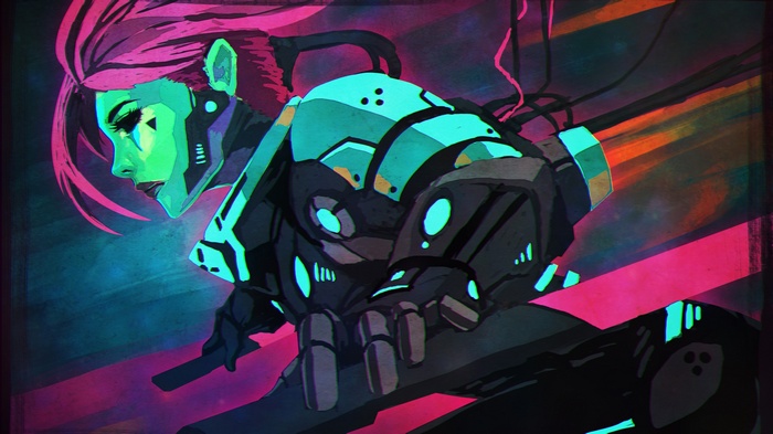 Cyberpunk warrior with pink hair and neon armor