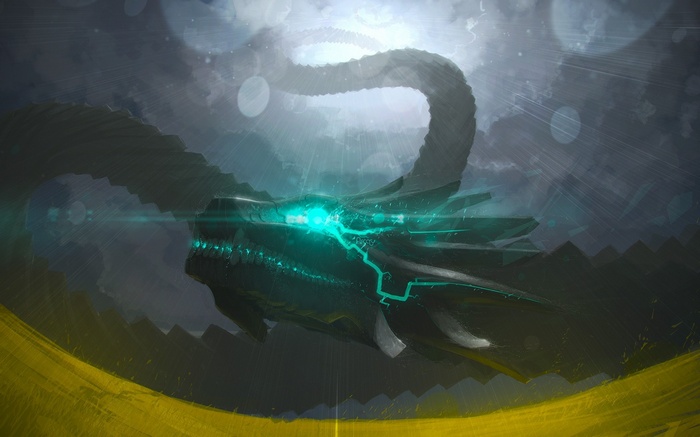 Fantasy art of a mechanical dragon with glowing blue energy