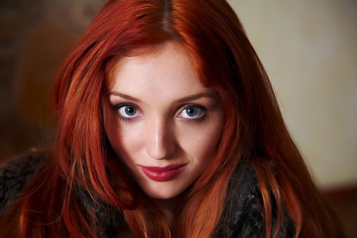 blue eyes, looking at viewer, long hair, Michelle H. Paghie, black jackets, women, portrait, redhead, face