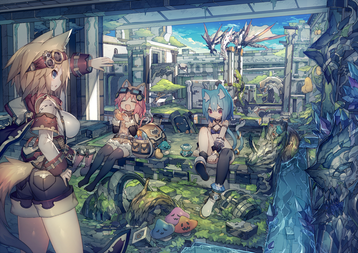 animal ears, short hair, mamuru, anime girls, steampunk, blonde, looking at viewer, artwork, blue hair, smiling, blue eyes, original characters, glasses, anime, kitsunemimi , pink hair, closed eyes