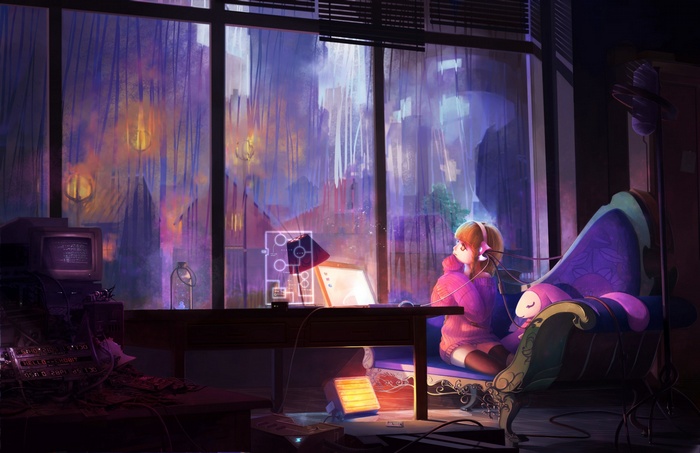 Anime girl with headphones in a room at night