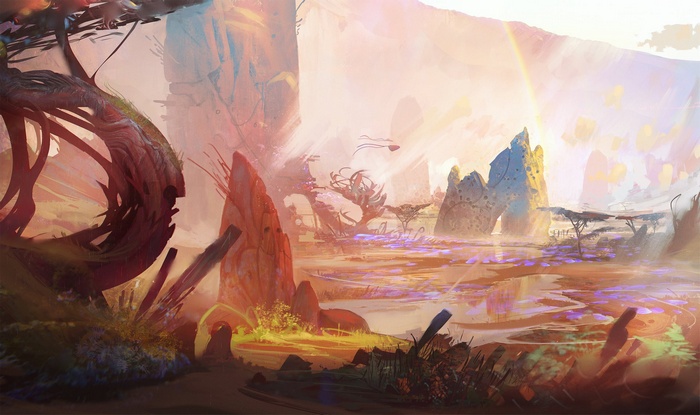 Surreal fantasy landscape with alien flora and rock formations