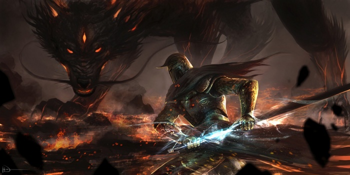 Knight fighting a fire dragon