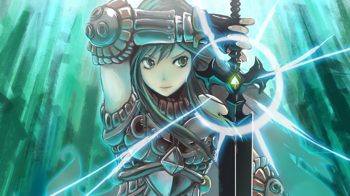 Anime girl in armor holding a glowing sword