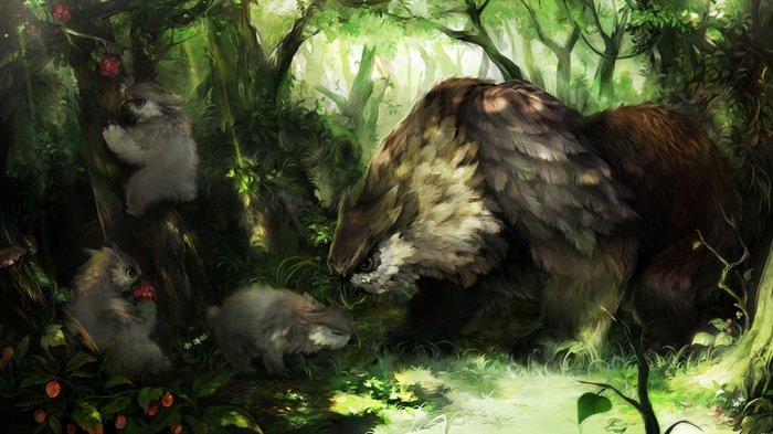 Owlbear and cubs in a forest
