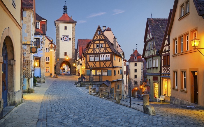Cobblestone street with medieval buildings in Germany