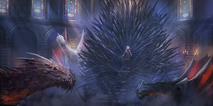 Daenerys Targaryen on the Iron Throne with Dragons