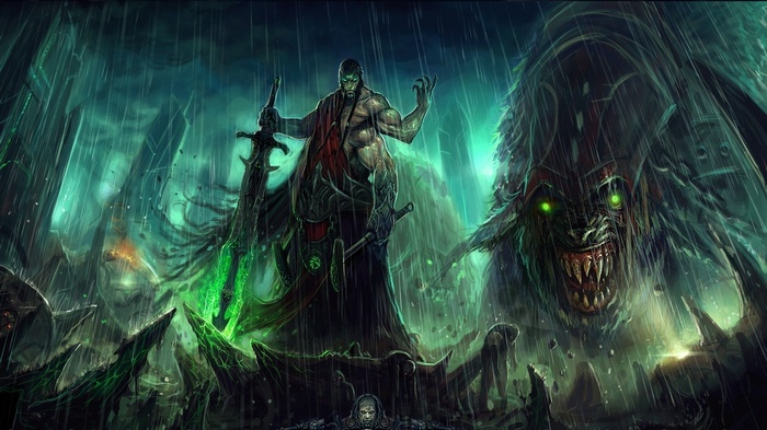 Fantasy art of a warrior and a monster in the rain