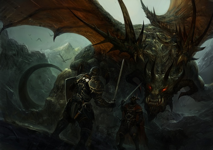 Knights battling a fearsome dragon in a rocky landscape