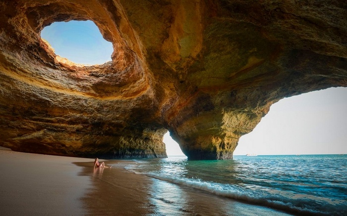 landscape, beach, erosion, women, sand, sea, cave, summer, Portugal ...