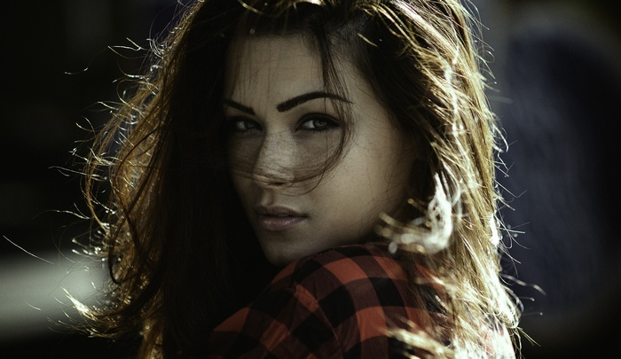 Portrait of a woman with windblown hair