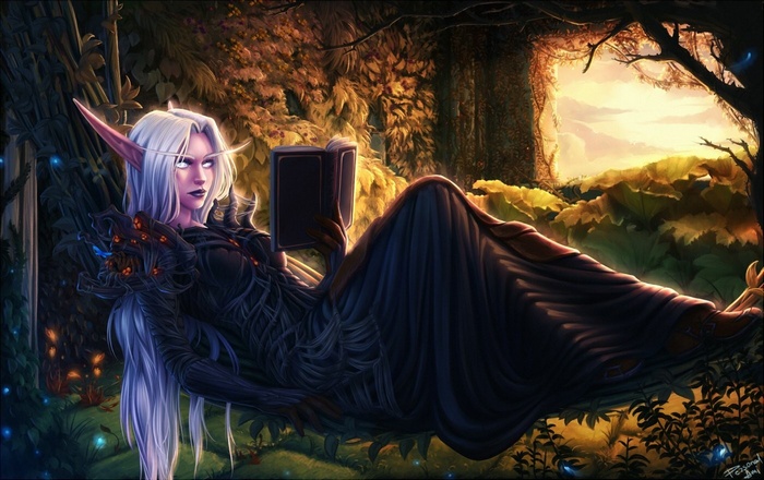 World of Warcraft fan art of an elf reading