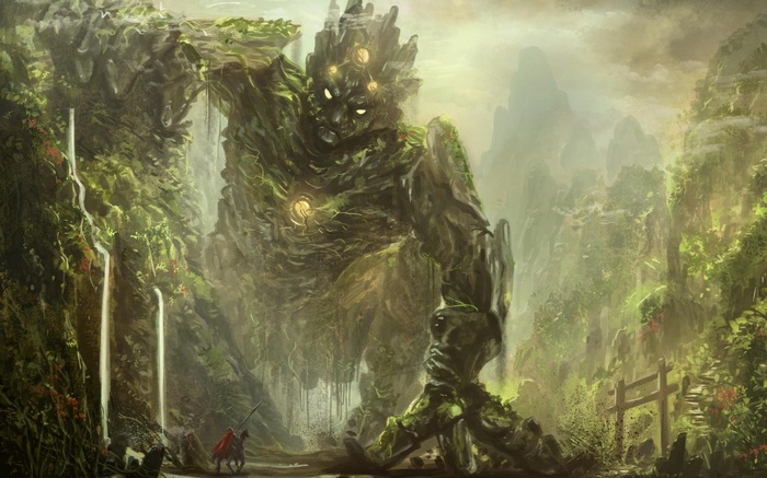 Giant moss-covered stone golem in a misty mountain landscape