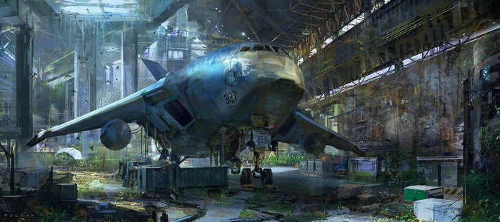 Abandoned futuristic aircraft in a dilapidated hangar