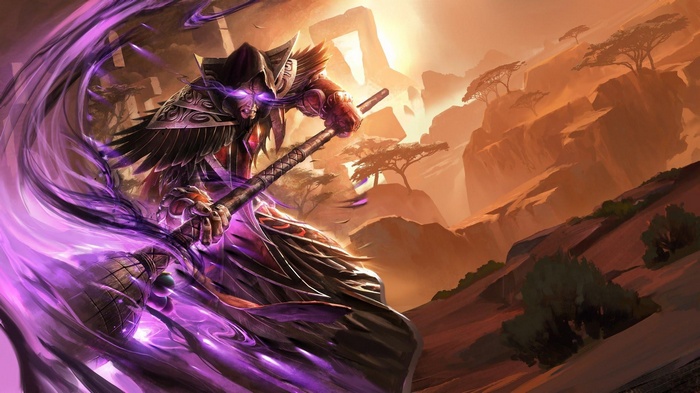 Medivh casting dark magic in a desert landscape