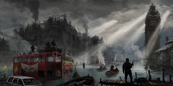 Apocalyptic London with Big Ben in Ruins
