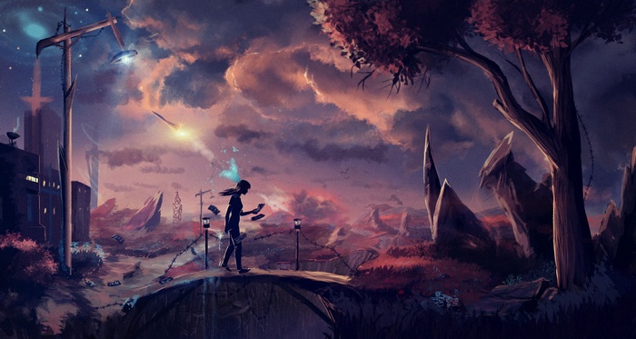 Fantasy art of a person walking on a bridge