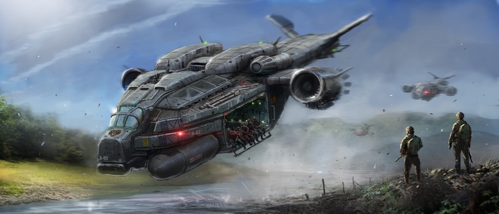 Futuristic military transport aircraft and soldiers