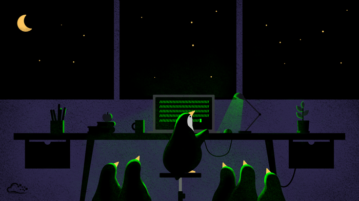 Tux the penguin coding at night with other penguins