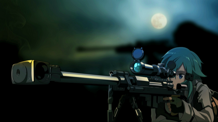 Asada Shino with a sniper rifle under the moon
