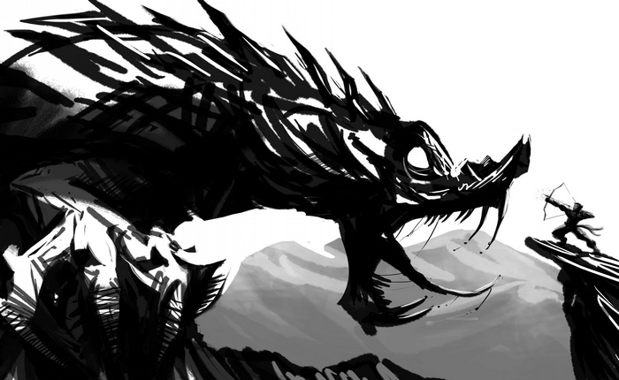 Fantasy art of a dragon and a warrior