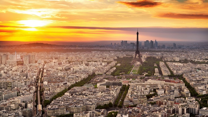 Paris cityscape with Eiffel Tower at sunset