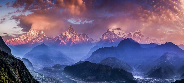 snowy peak, Nepal, Himalayas, clouds, sunset, landscape, nature, mist, blue, valley, villages, mountains, sky