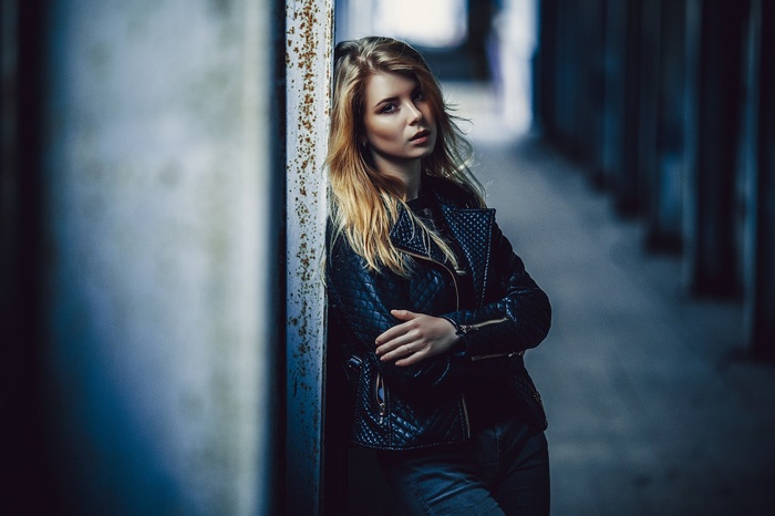 Irina Popova wearing a leather jacket