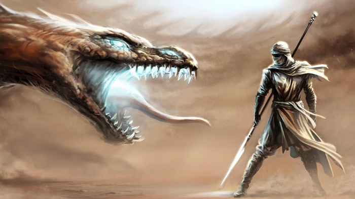 Dragon breathing fire at a warrior in the desert