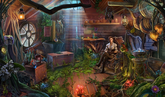 Fantasy art of a woman in a mystical treehouse