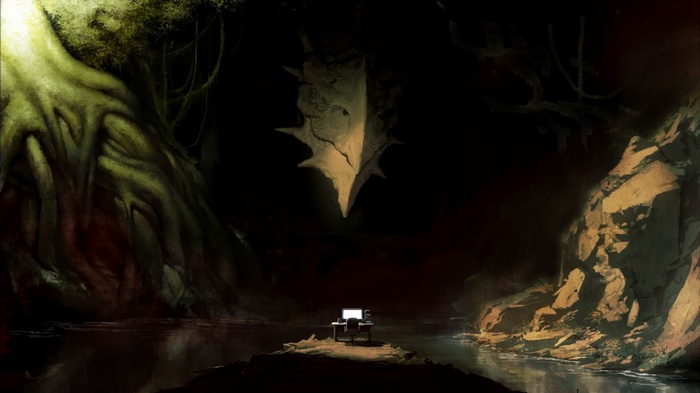 A computer sits on an island in a dark cave