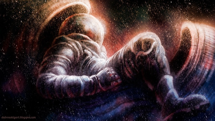 Astronaut floating in space with cosmic dust