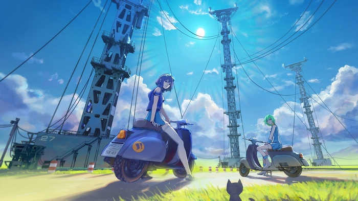 Anime girls on scooters near power towers