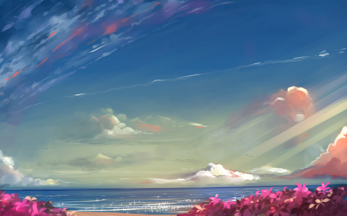 Anime landscape with ocean and clouds
