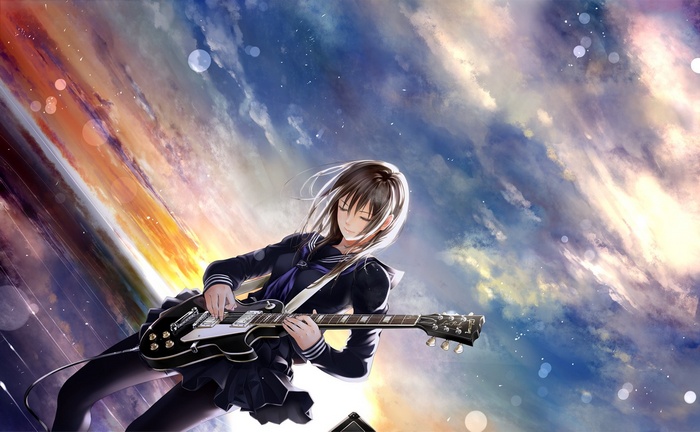 Anime girl playing guitar in front of a colorful sky