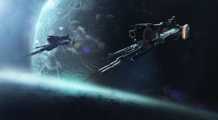 Two science fiction spaceships near a planet