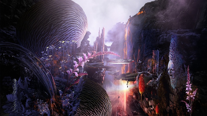 Surreal fantasy landscape with alien plants and rock formations