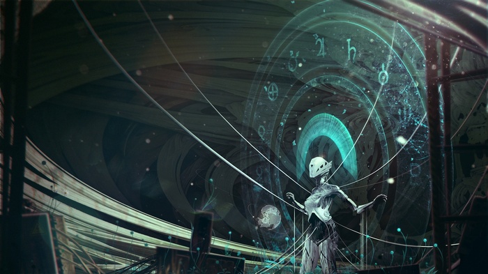 Robot interacting with a holographic display of celestial symbols