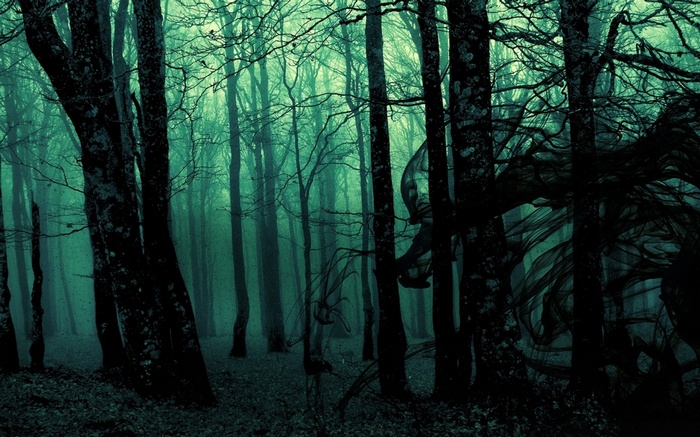 Dark and gloomy forest with eerie figures