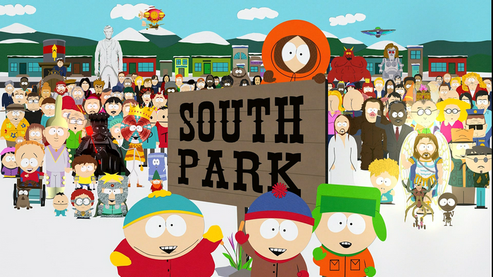 South Park characters gathered in front of a sign