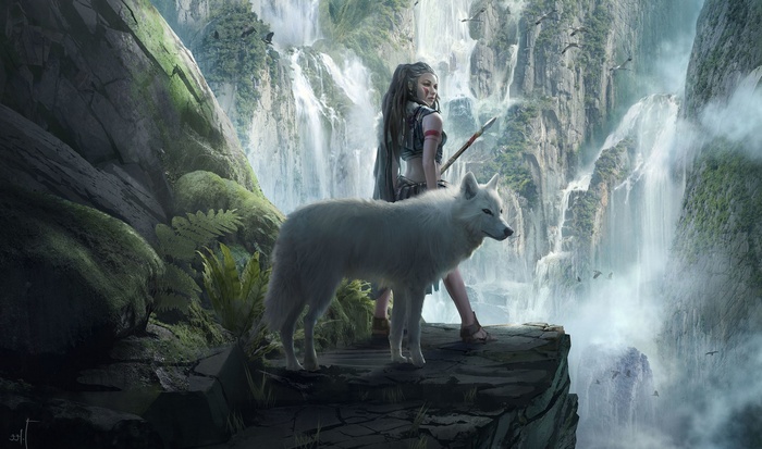 Fantasy artwork of a woman and wolf by waterfalls