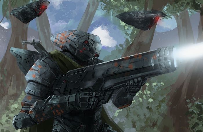 Futuristic soldier firing a weapon in a forest