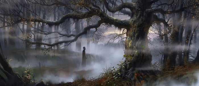 Fantasy art of a figure in a misty forest